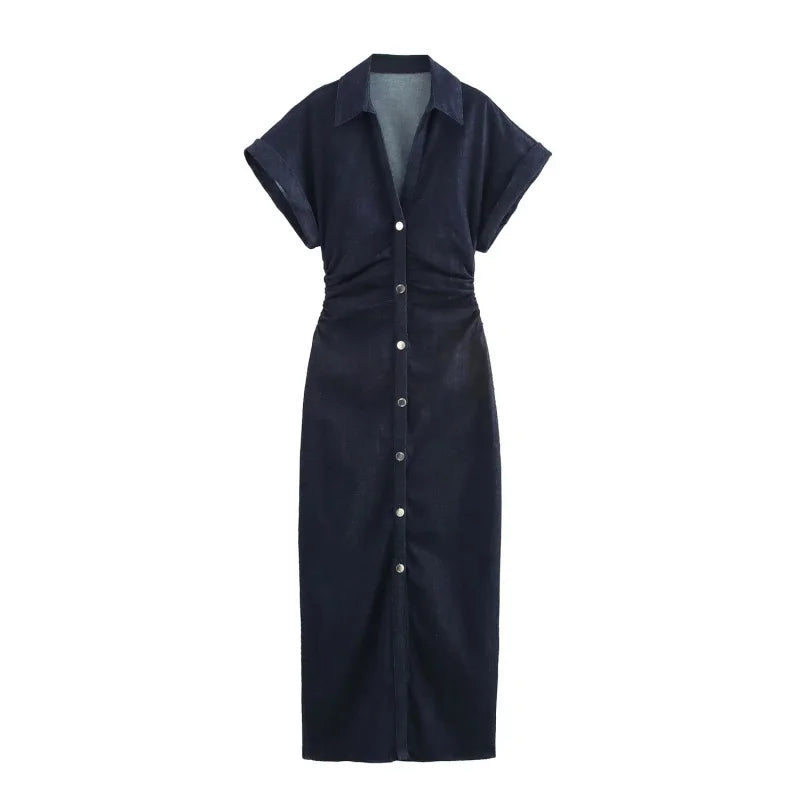 denim MIDI dress with lapel side zipper fashion wrinkle waist slim elegant dress