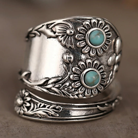 Huitan Vintage Flower Opening Rings with Imitation Turquoise for Women Anti Silver Color Elegant