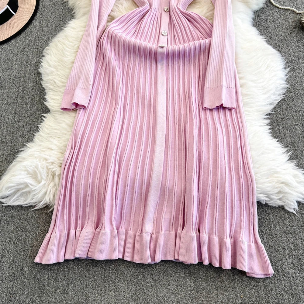 YuooMuoo Autumn Winter Women Knitted Long Dress Brand Fashion V-neck Slim Waist Pleated Sweater Dress Lady Office