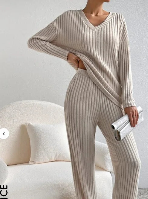 Solid Color Casual Loose Knitting Sets For Women Elegant Autumn Women's Two Pieces Suit Full Trouser Set Female Outfit Clothes
