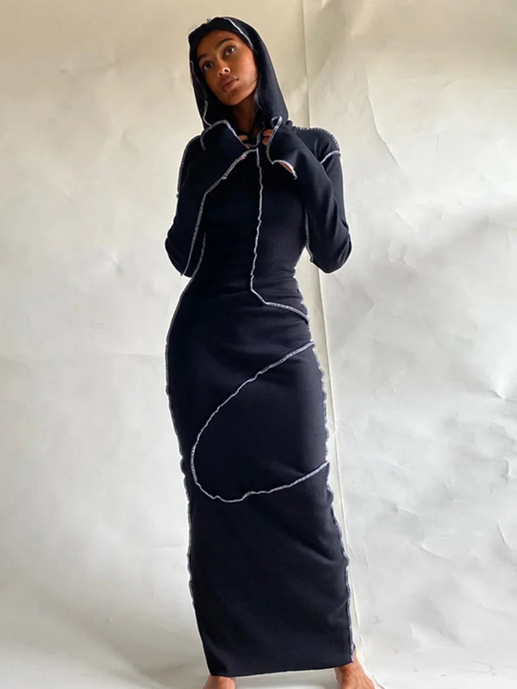 Long Sleeve Hooded Patchwork Skinny Maxi Dress