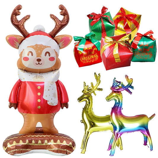 Christmas Inflatable Reindeer Balloons Standing Elk Xmas Gift Box Foil Balloons Christmas Birthday Decoration kids Party Ballons