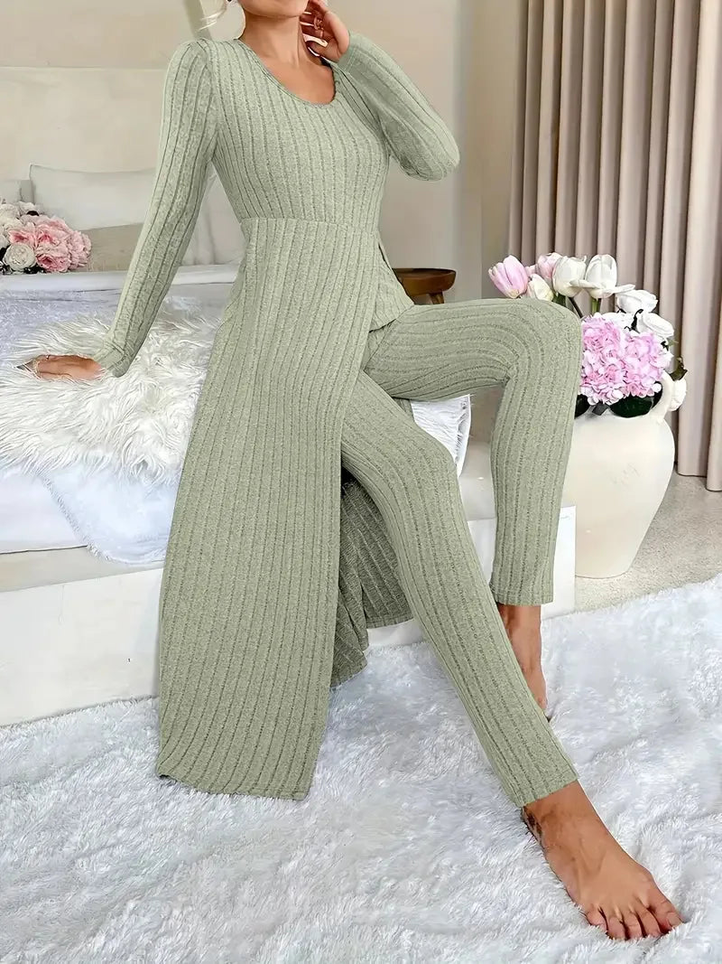 Autumn Casual Solid Set For Women Fashion O Neck Long Tops+High Waist Slim Pants 2 Piece Sets Lady Holiday Women's Clothing New