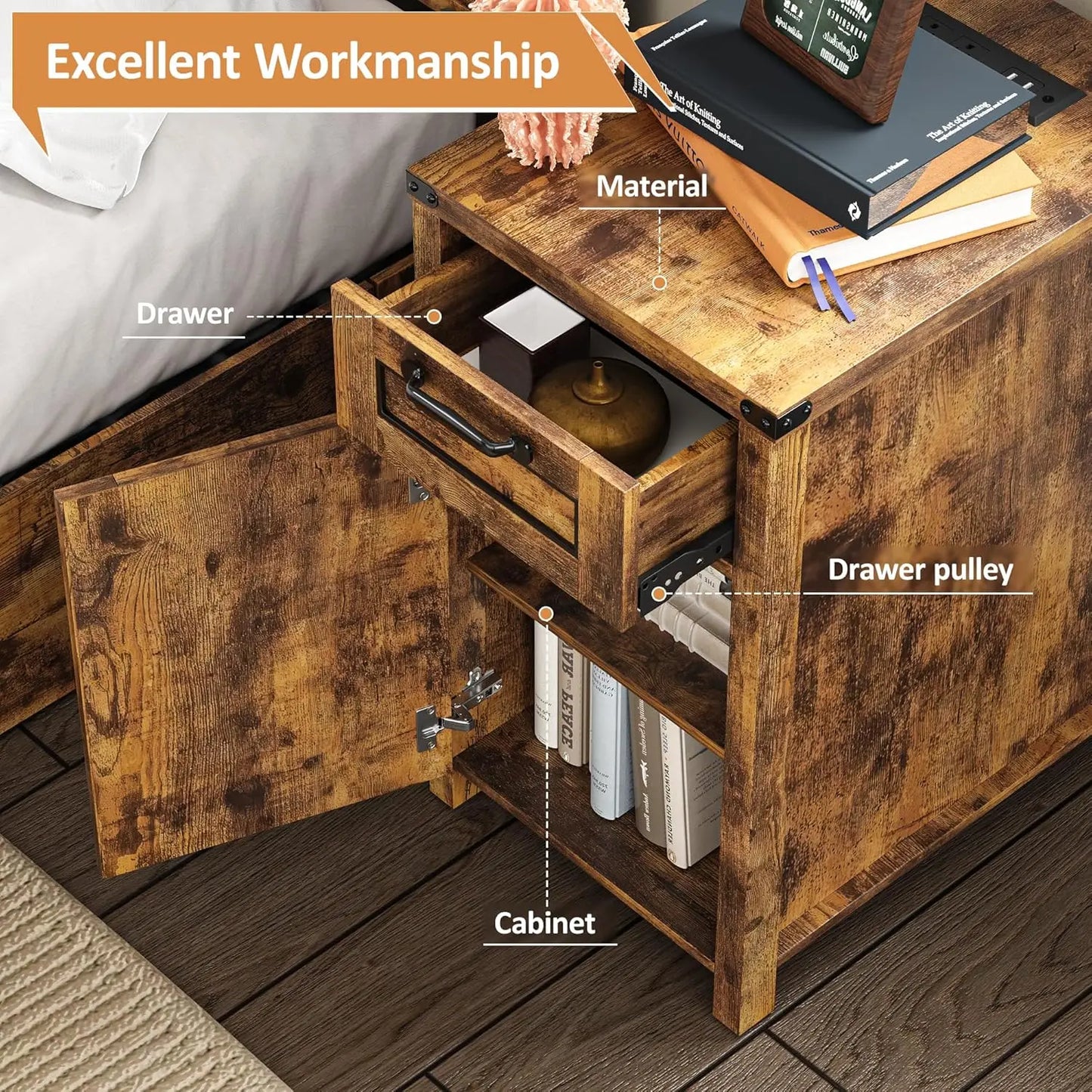 Vabches Nightstand with Drawer&Storage Cabinet Farmhouse Night Stand with Power Outlet Wood End Table Bedside Table for Bedroom