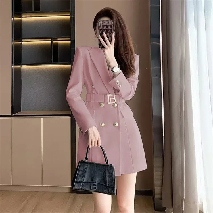 French Elegant Long Sleeve Suit Dress Waist-Cinching Short Size Professional Double-Buttoned Belted Coat