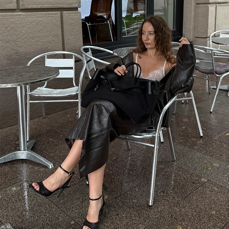 Street Green Leather Jacket Skirt Sets Women Stand Collar Zipper Pleated Coat Spliced Long Skirts Outfits