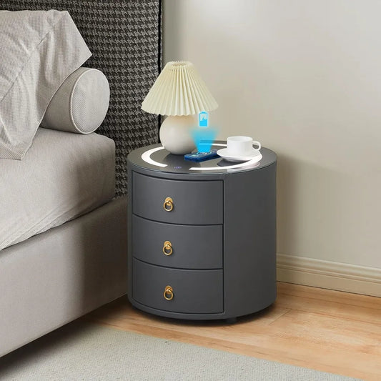 Smart Nightstand with Wireless Charging Station & LED Lights, Modern Round Bedside Table with 3 Drawers, Faux Leather End Table