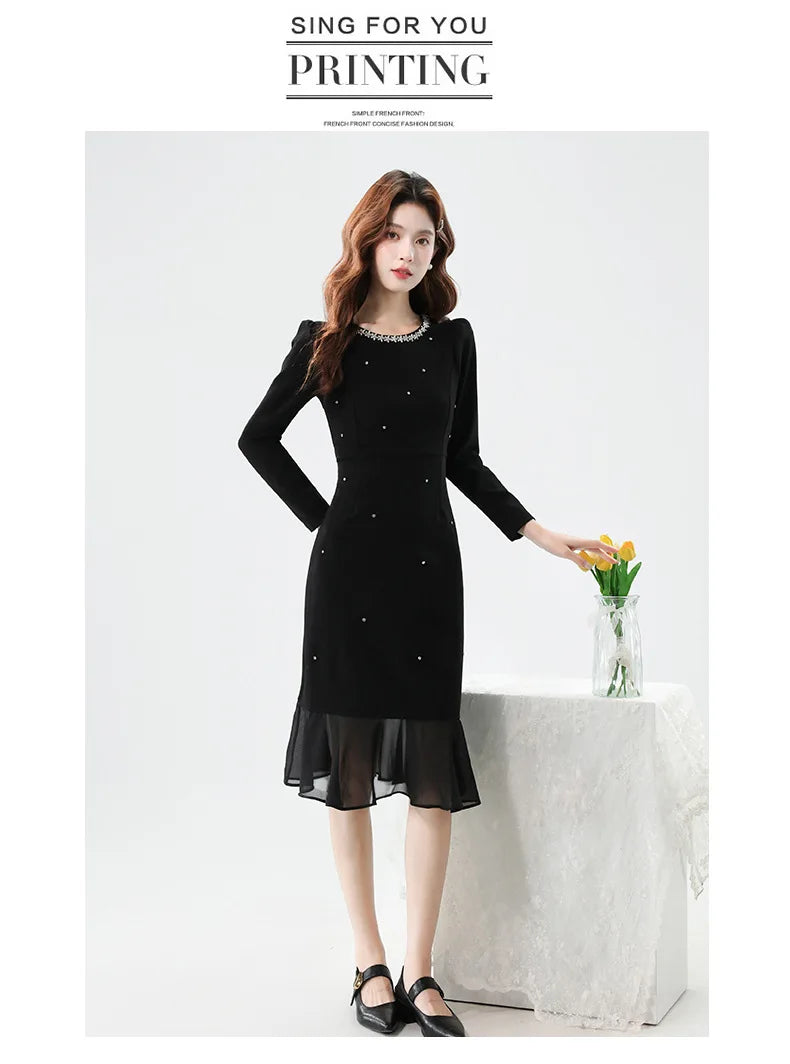Fall Fashion Heavy Duty Rhinestone Splice Slimming Chiffon Mermaid Dress