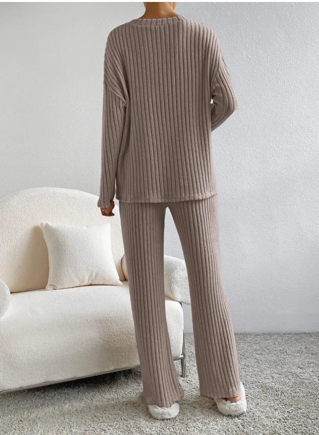 Solid Color Casual Loose Knitting Sets For Women Elegant Autumn Women's Two Pieces Suit Full Trouser Set Female Outfit Clothes