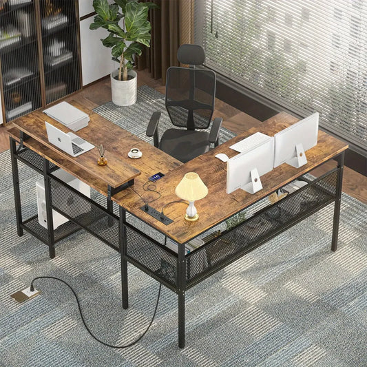 L-shaped computer desk with lighting in more than 60, 000 colors, unique grid back plate and grid bookshelves