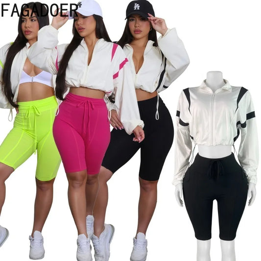 FAGADOER Fashion Sports 2 Pieces Set for Woman Color Block Drawstring Patchwork Crop Top and Pants Outfit Female Streetwear New
