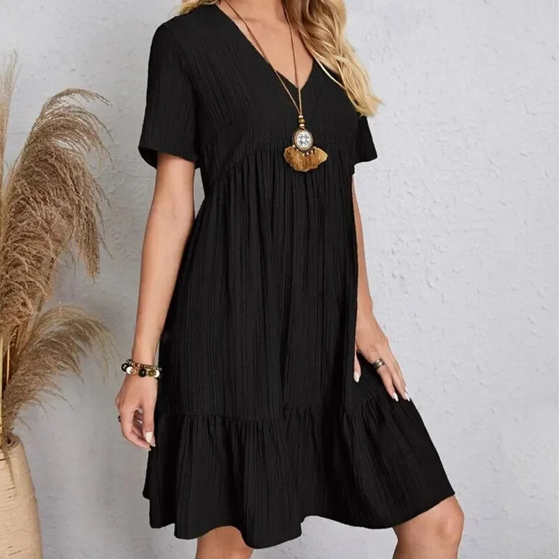 Women  Peplum Dresses Spring V-Neck Short Sleeve Loose Waist Ruffle Fit Flare Vocation Dresses