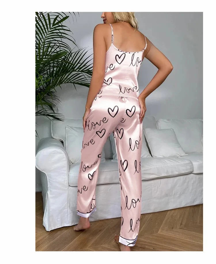 Women Satin Silk Pajamas Sets Letter Print Cami Vest Shirt