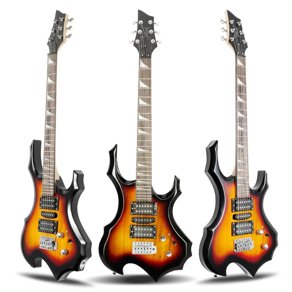 Flame Shaped Guitar Starter Kit 6 Strings, w/Guitar Bag 20W AMP Sunset