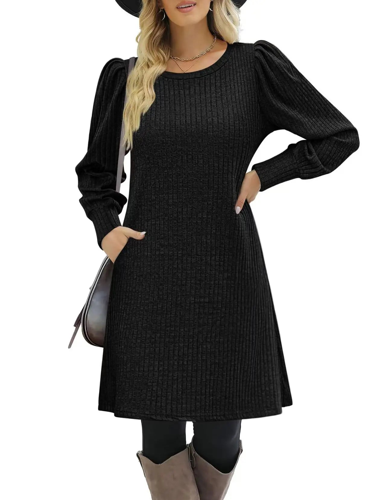Fashionable women's knitted puffed-sleeve long-sleeved autumn and winter round-neck casual loose dress with pockets