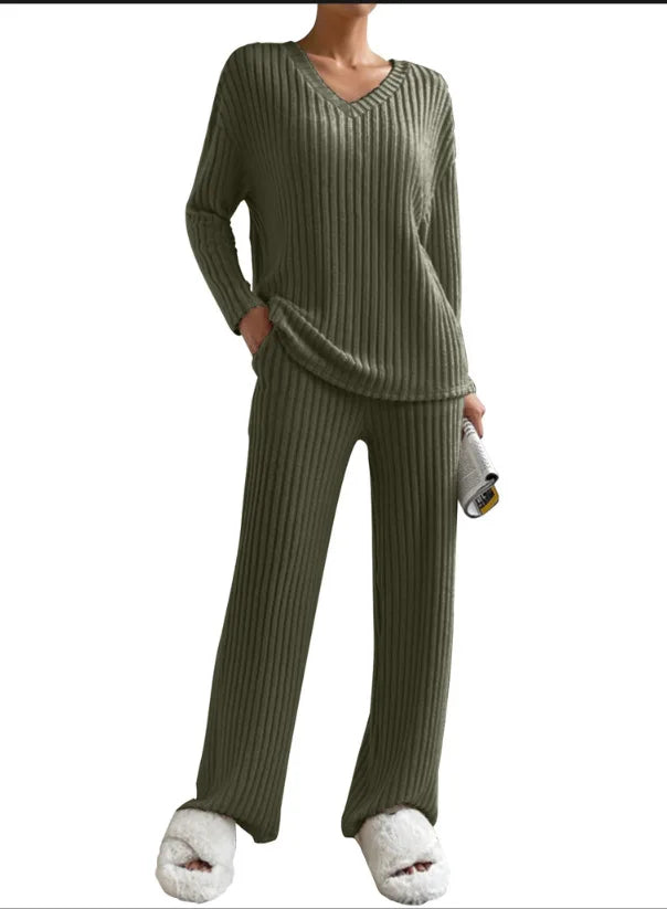Solid Color Casual Loose Knitting Sets For Women Elegant Autumn Women's Two Pieces Suit Full Trouser Set Female Outfit Clothes