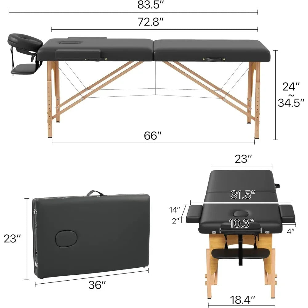 Massage Table, Portable 2 Section Foldable Tattoo Beds, Height Adjustable Light Weight Facial Salon Bed w/Face Cradle&Wood Frame
