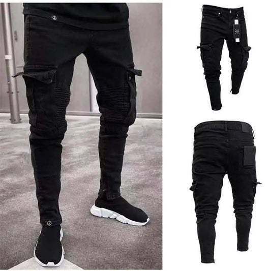 Men's Black Side Many Pockets Cargo Jeans Fashion