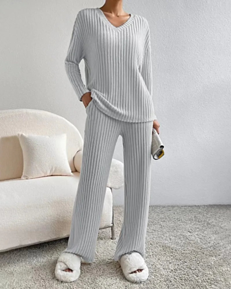 Solid Color Casual Loose Knitting Sets For Women Elegant Autumn Women's Two Pieces Suit Full Trouser Set Female Outfit Clothes
