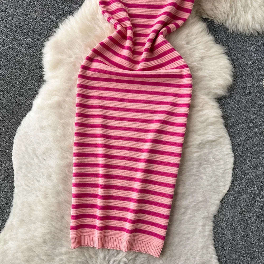Knitted Dress O Neck Short Sleeves Chic Hotsweet Slim Sundress Streetwear Y2K Bodycon Midi Dress