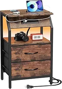 End Tables Set of 2, Nightstands with Charging Station and LED Lights, 3 Drawers Fabric Dressers, Storage Side Tables for Bedsid
