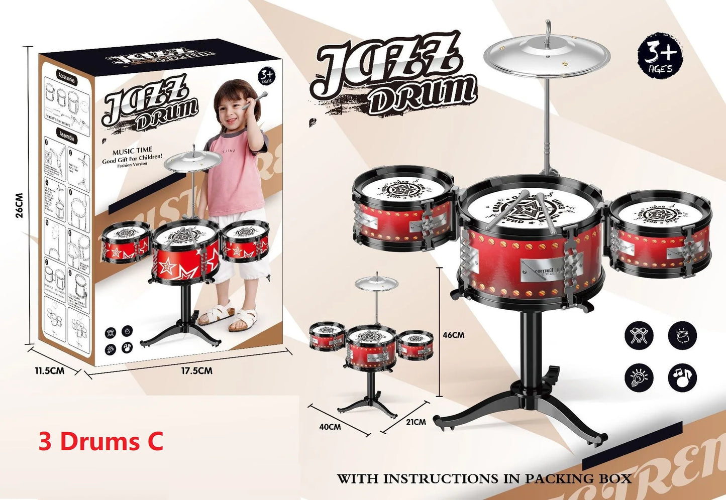 Jazz Drum Set for Kids 3 Drums / 5 Drums with Small Stool Drum Stick Set Music Instrument Educational Toys for Beginners Gifts