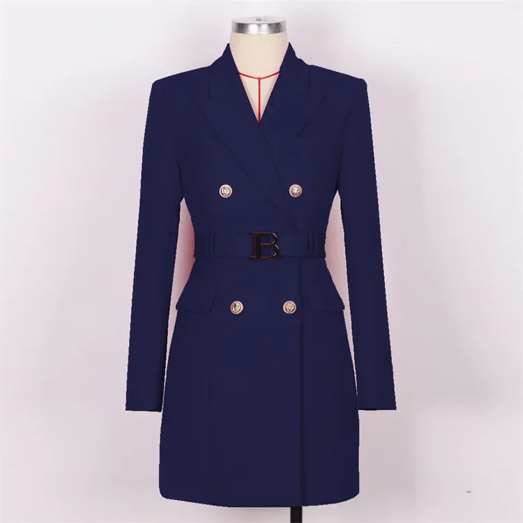 French Elegant Long Sleeve Suit Dress Waist-Cinching Short Size Professional Double-Buttoned Belted Coat
