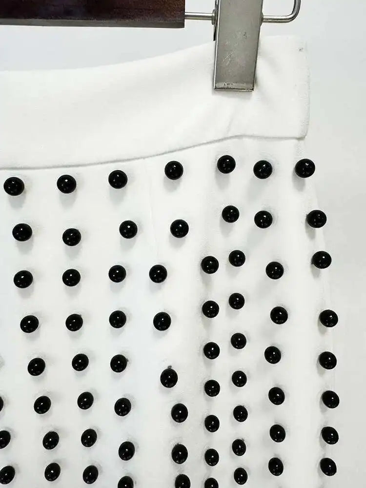 [Women's Beaded Design 2 Pcs Set Stand Collar High Waist Long Sleeve Sets Female Autumn