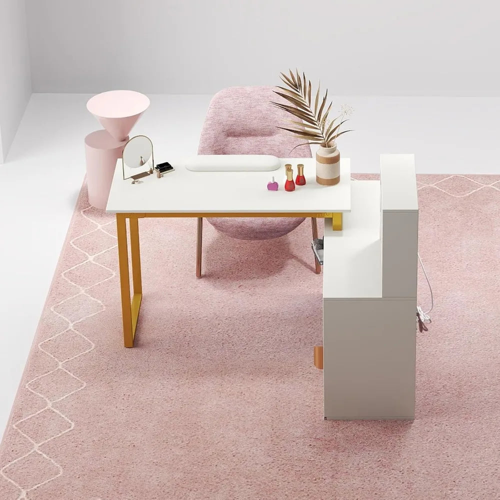 Nail Table, Manicure Table, Nail Station, Open Shelves, Remote Control LED Light, Sliding Door Cabinet, Salon Equipment,AC Outl
