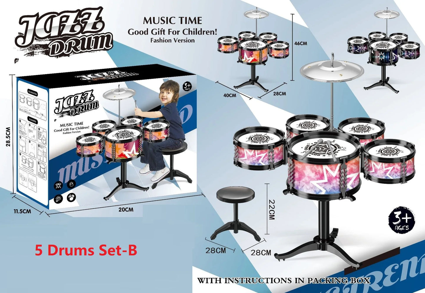 Jazz Drum Set for Kids 3 Drums / 5 Drums with Small Stool Drum Stick Set Music Instrument Educational Toys for Beginners Gifts