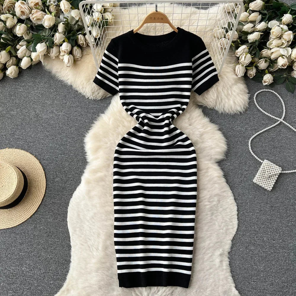 Knitted Dress O Neck Short Sleeves Chic Hotsweet Slim Sundress Streetwear Y2K Bodycon Midi Dress