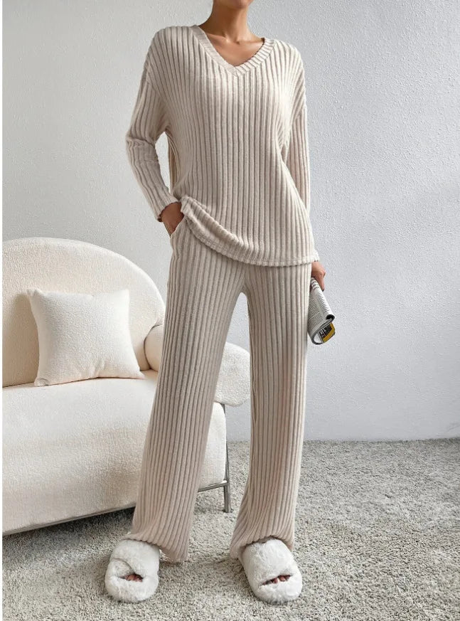 Solid Color Casual Loose Knitting Sets For Women Elegant Autumn Women's Two Pieces Suit Full Trouser Set Female Outfit Clothes