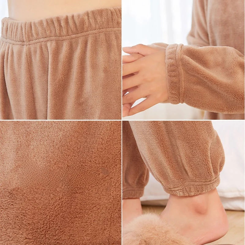 Warm Coral Fleece Pants Set Women's Loose Comfortable Home Wear Outerwear Versatile Lazy Girl Style Long Sleeve Cartoon Print