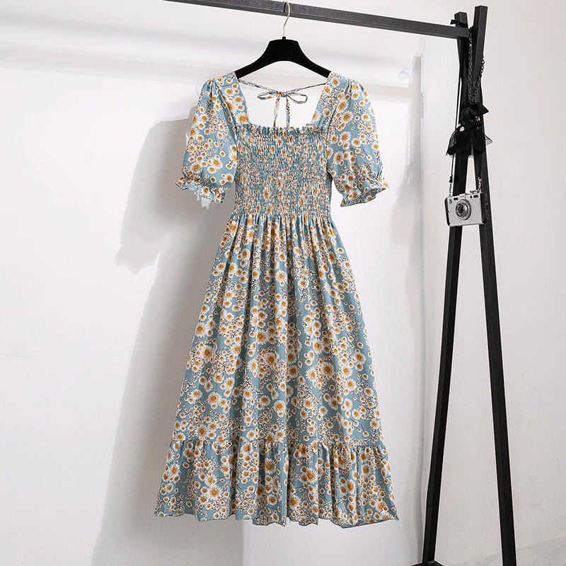 Spring Summer Chiffon Dresses Fashion Female Elastic Waist Short Sleeve Pleated Casual Dress Women A-line Dresses