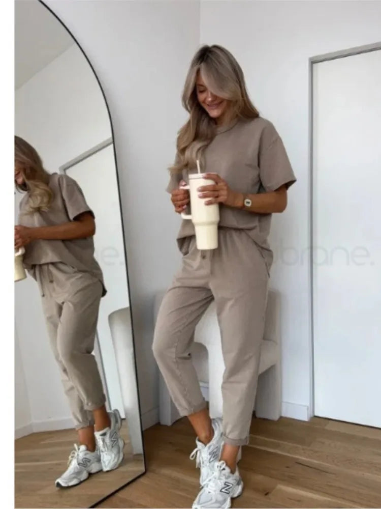 Casual Loose Sports Two Piece Set Women O-neck Short Sleeve Top Elastic Waist Lace Up Pants Sets Autumn Solid Fashion Outfit