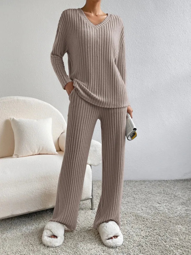 Solid Color Casual Loose Knitting Sets For Women Elegant Autumn Women's Two Pieces Suit Full Trouser Set Female Outfit Clothes