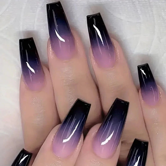 24 Pcs Coffin Square Artificial Fake Nails with Glue Press on Nails with Full Set Tools Long Purple Blue Gradient False Nails