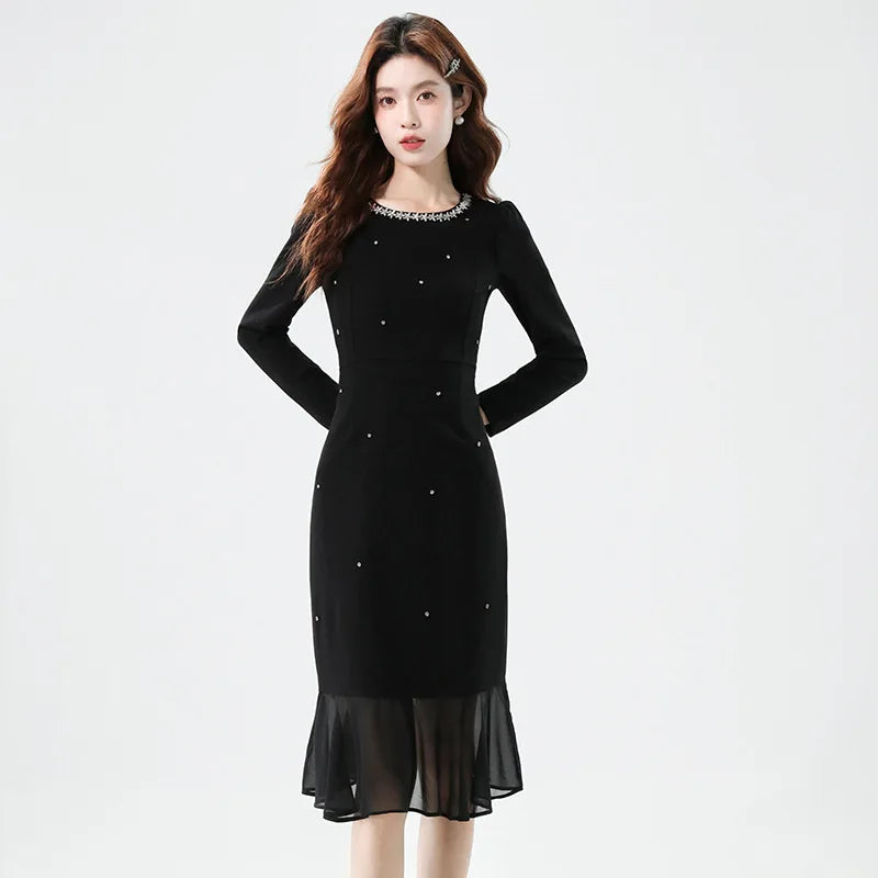 Fall Fashion Heavy Duty Rhinestone Splice Slimming Chiffon Mermaid Dress