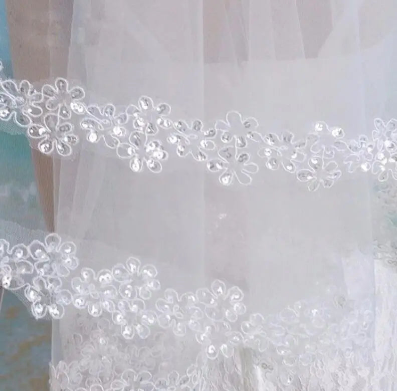 White Sequins Edge Tulle Bridal Wedding Veils One Tier Beaded 120cm Bride Accessory 2024