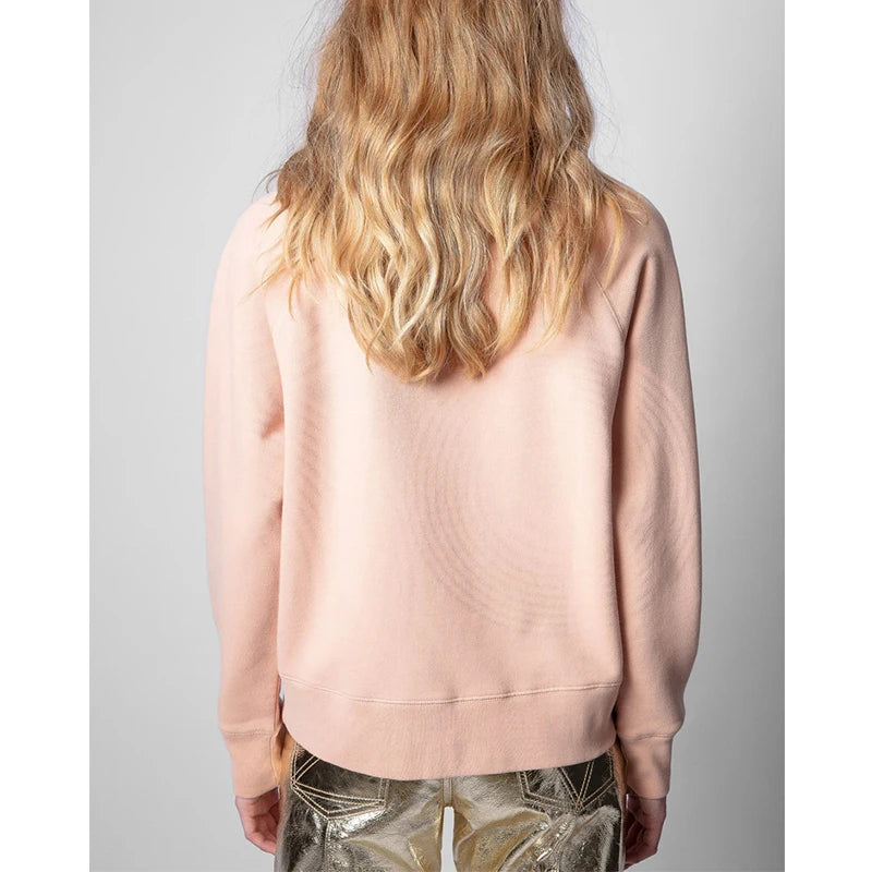 Early autumn new French niche ZV classic letter embroidery pink cotton women's embroidered pullover sweater sweatshirt