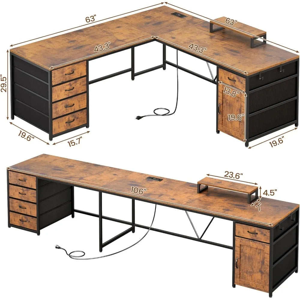 L Shaped Desk, 63" Computer Desk with 5 Drawer & Power Outlet, Long Home Office Desk or Corner Desk, L Shaped Corner Desk with