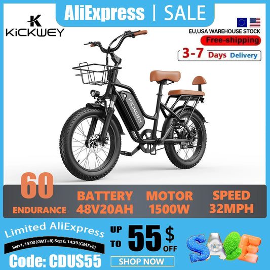 Electric Bike for Adults，20'' 1500W Peak Ebike, Up to 50 Miles 32MPH Electric Mountain Bike with 48V 20AH Removable Battery