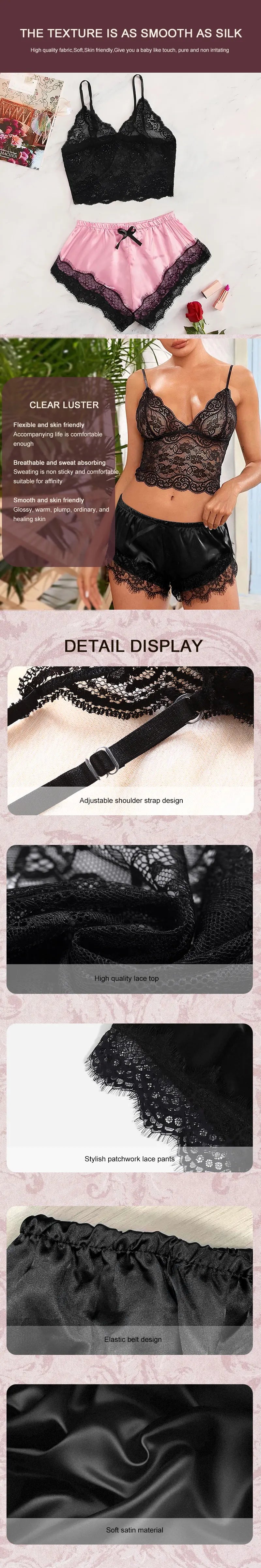 2PCS Women's Satin Pajama Set Lace Cami Top and Shorts Sexy Lingerie Sleepwear Summer Breathable Nightwear Black And Pink