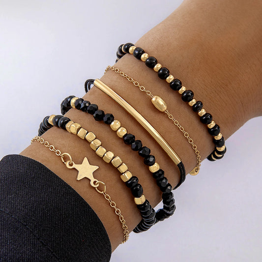 Tocona Fashionable Black Crystal Bracelets Luxury Weave Rice Bead Hand Chain Stars Decorate Jewelry Women Sets Gift 27978