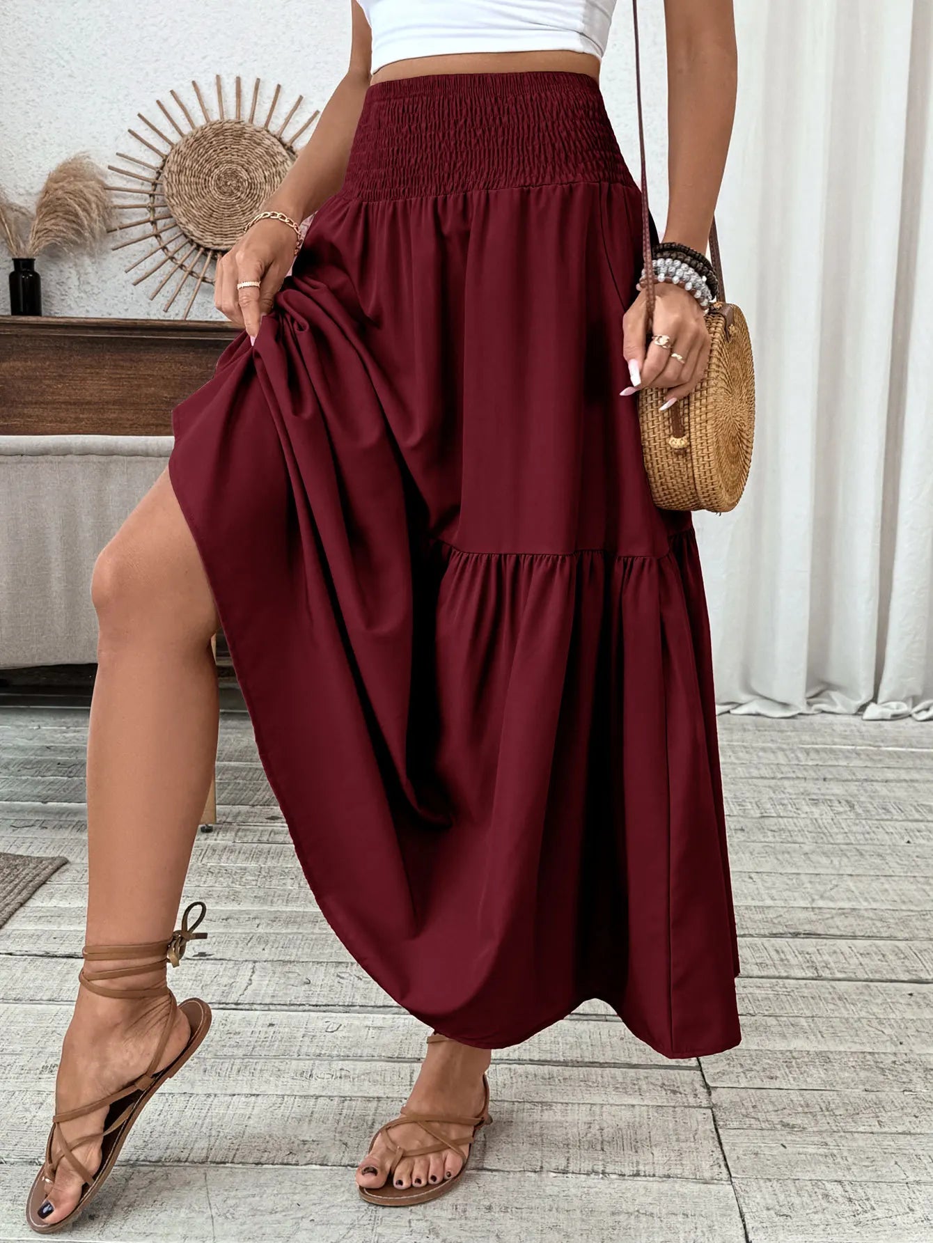 Women New Classic Printed Skirt Retro High Waist Long Skirt Casual Stylish Loose Beach Skirt Elegant Ladies Floral Pleated Skirt