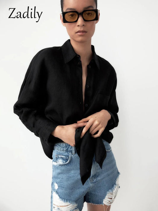 Zadily Minimalist Full Sleeve Oversize Black Women Basic Shirt Button Up Loose Woman Tuic Blouses 2025 Autumn Female Long Tops