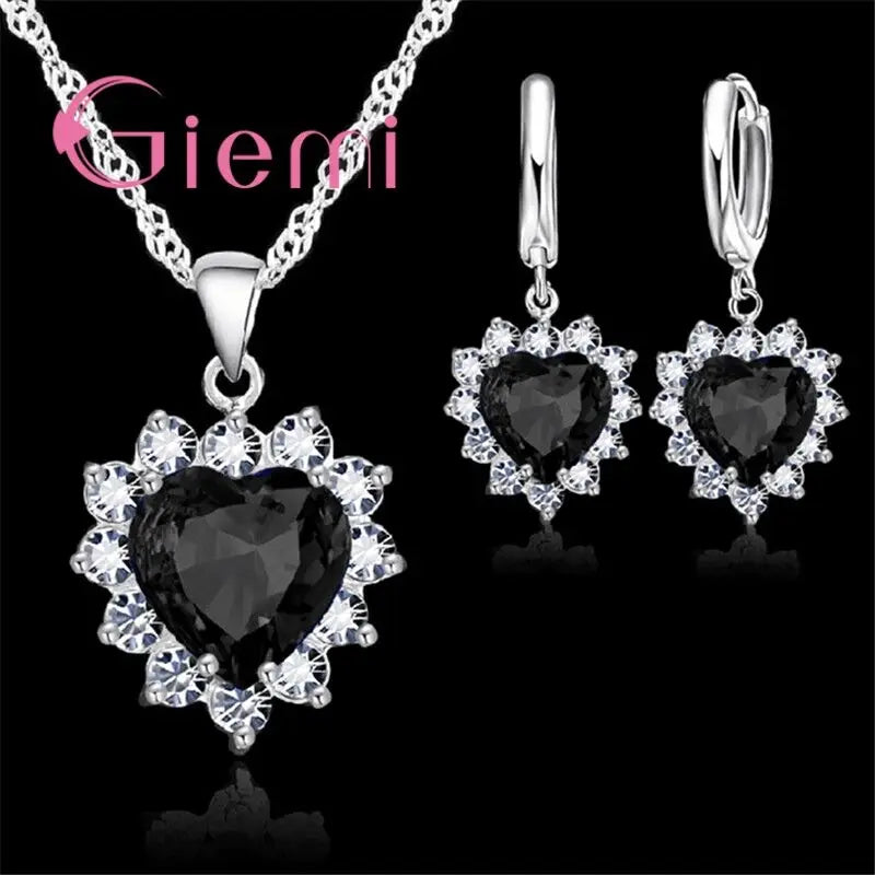 Love Heart Crystal Pendant 925 Sterling Silver  Party Jewelry Sets Necklace Earrings For Women Valentine Gifts