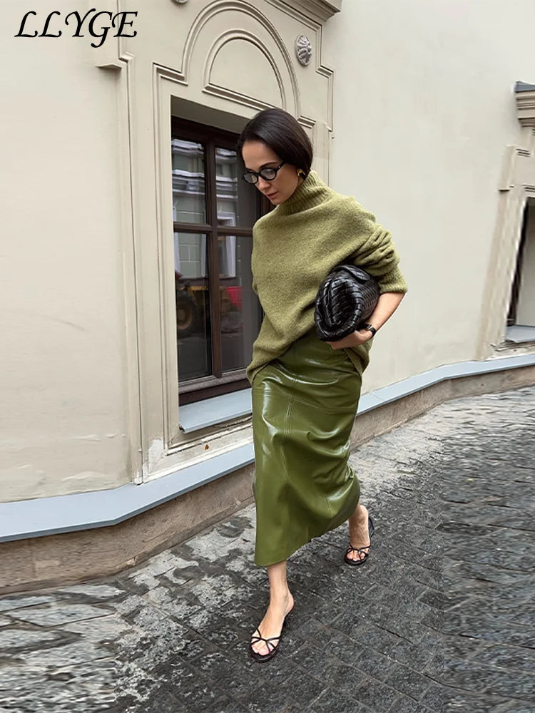 Street Green Leather Jacket Skirt Sets Women Stand Collar Zipper Pleated Coat Spliced Long Skirts Outfits
