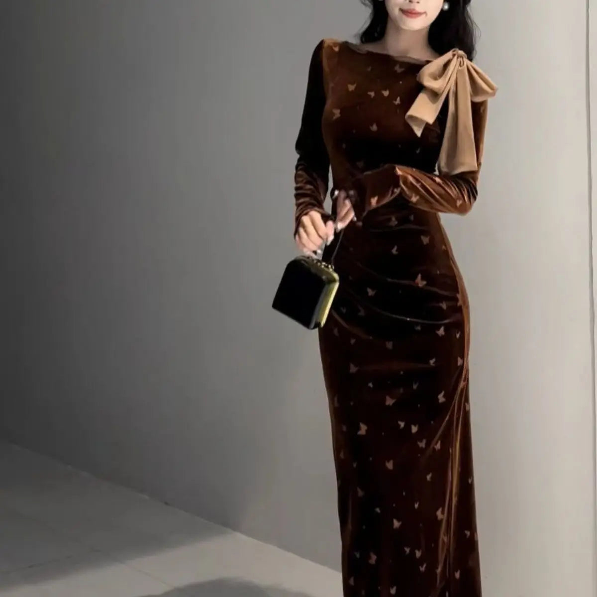 New Autumn Winter Long-sleeved Streamer Printed Floss Dress