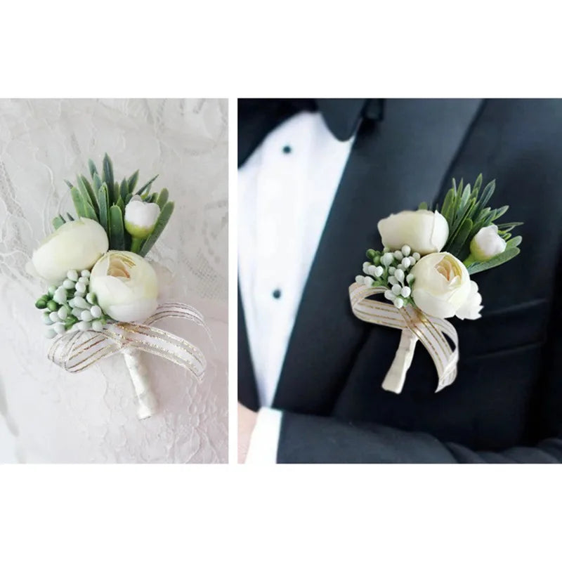 Boutonnieres Flowers Artificial Roses Silk Ivory Corsage Buttonhole Groomsmen Boutonniere for Men Wedding Accessories